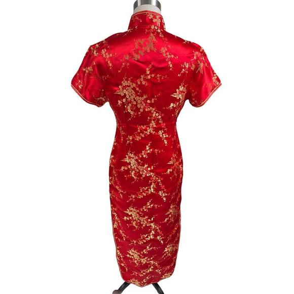 90s Vtg Cheongsam Dress Yue He Shi Lu Red/Gold Brocade Dress WIggle Gown Sz S - Picture 4 of 6